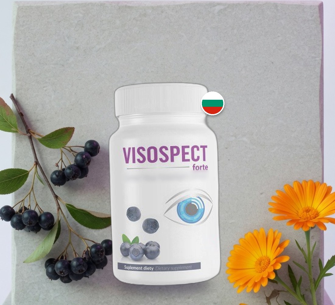 Бутилка Visospect Forte върху каменна плоча до плодове арония и цветове невен