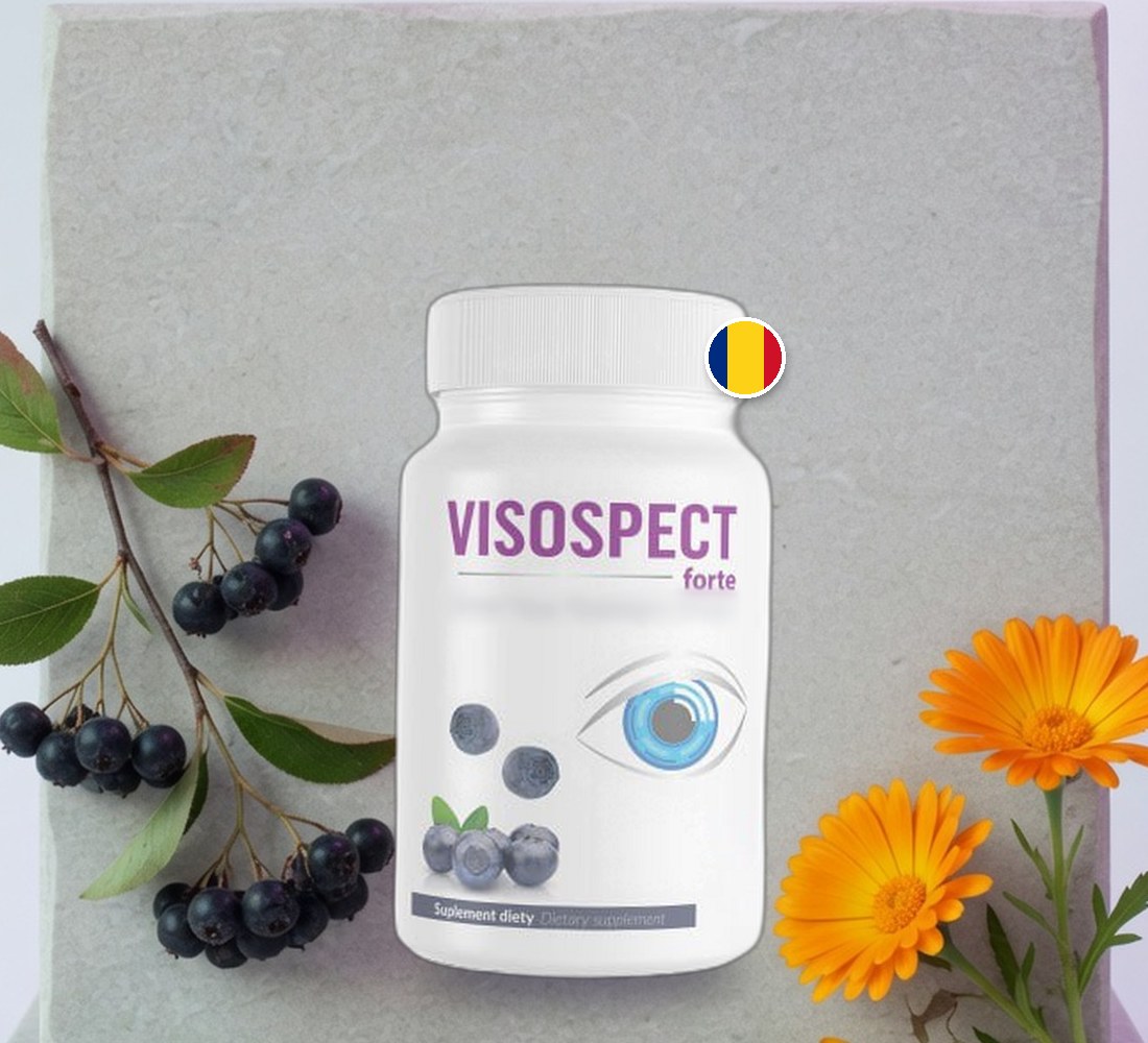 Flacon Visospect Forte pe o placă de piatră lângă fructe de aronia și flori de gălbenele