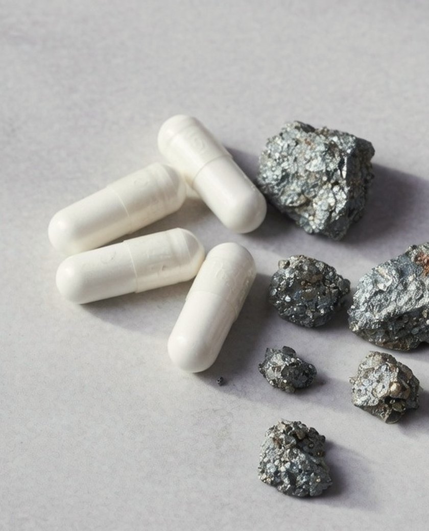 Capsule lângă bucăți de minereu de zinc pe o placă de piatră