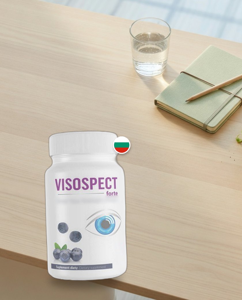 Бутилка Visospect Forte на бюро до чаша вода