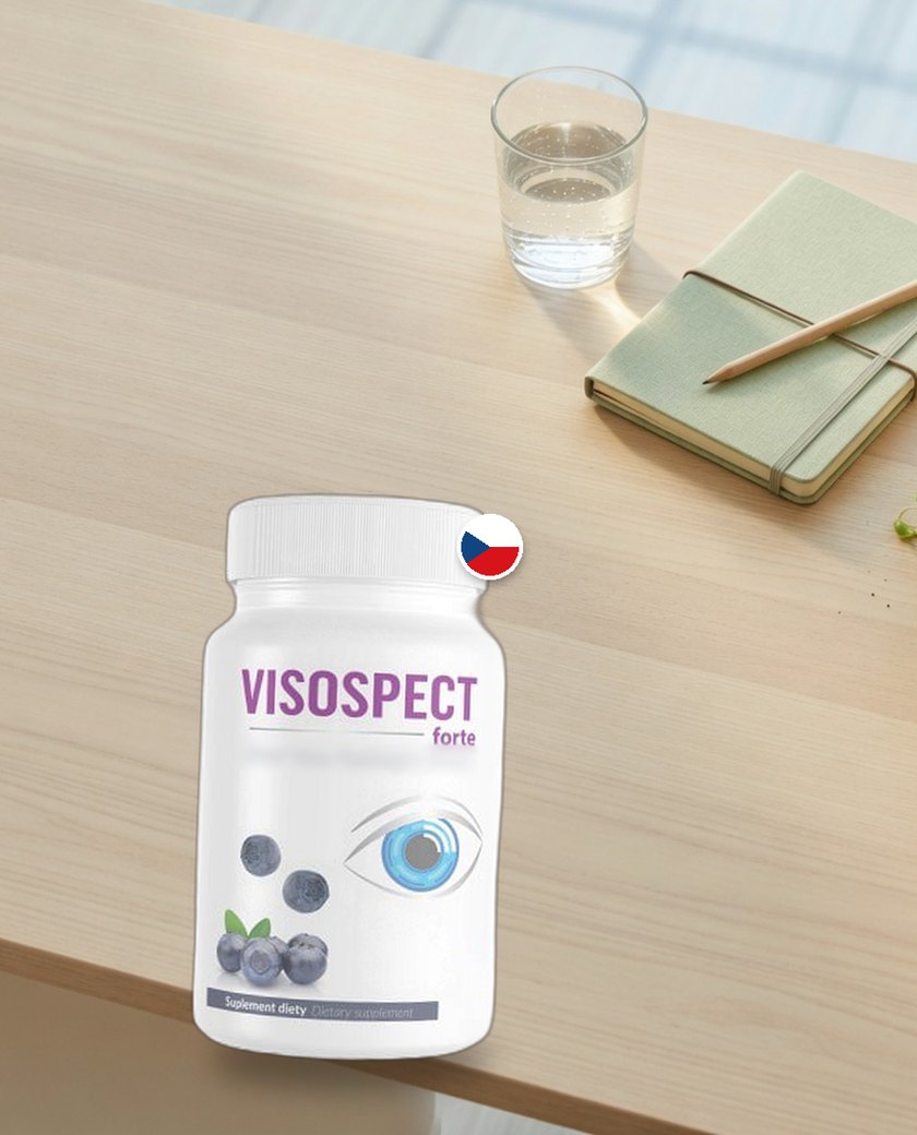 Lahvička Visospect Forte na stole vedle sklenice vody