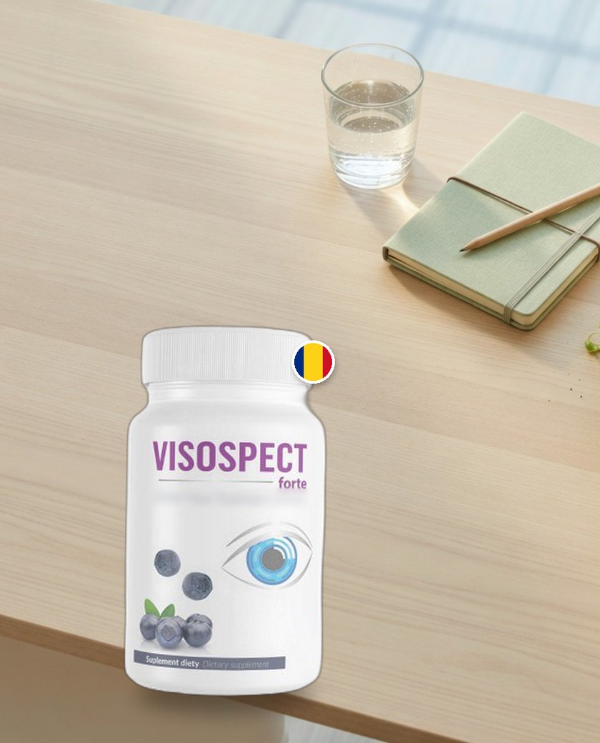 Flacon Visospect Forte pe birou, lângă un pahar cu apă